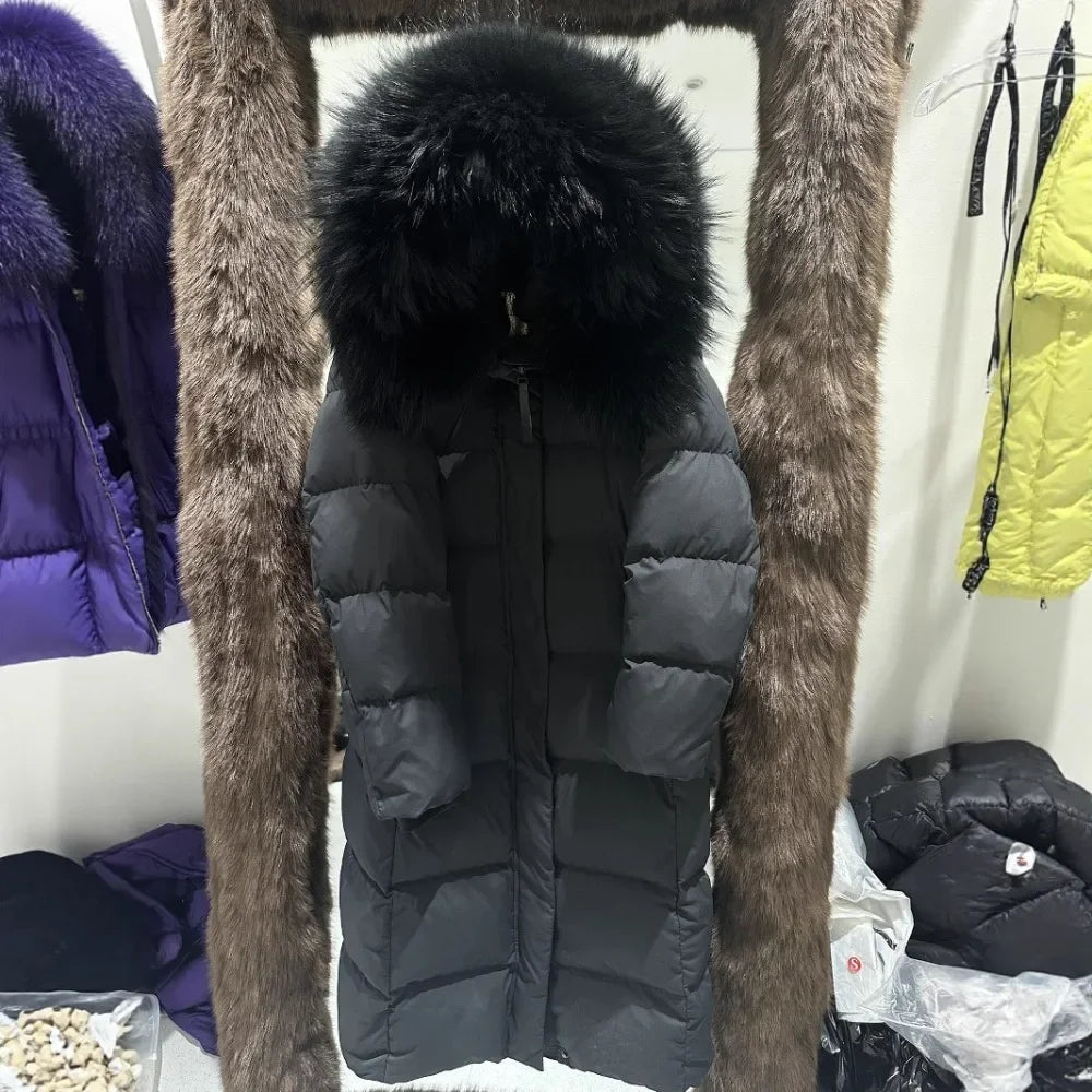 Reality Fur Jacket Winter Natural Raccoon Fur Collar Female Women White Duck Down Jackets Over The Knees Warm Long Parkas Hooded