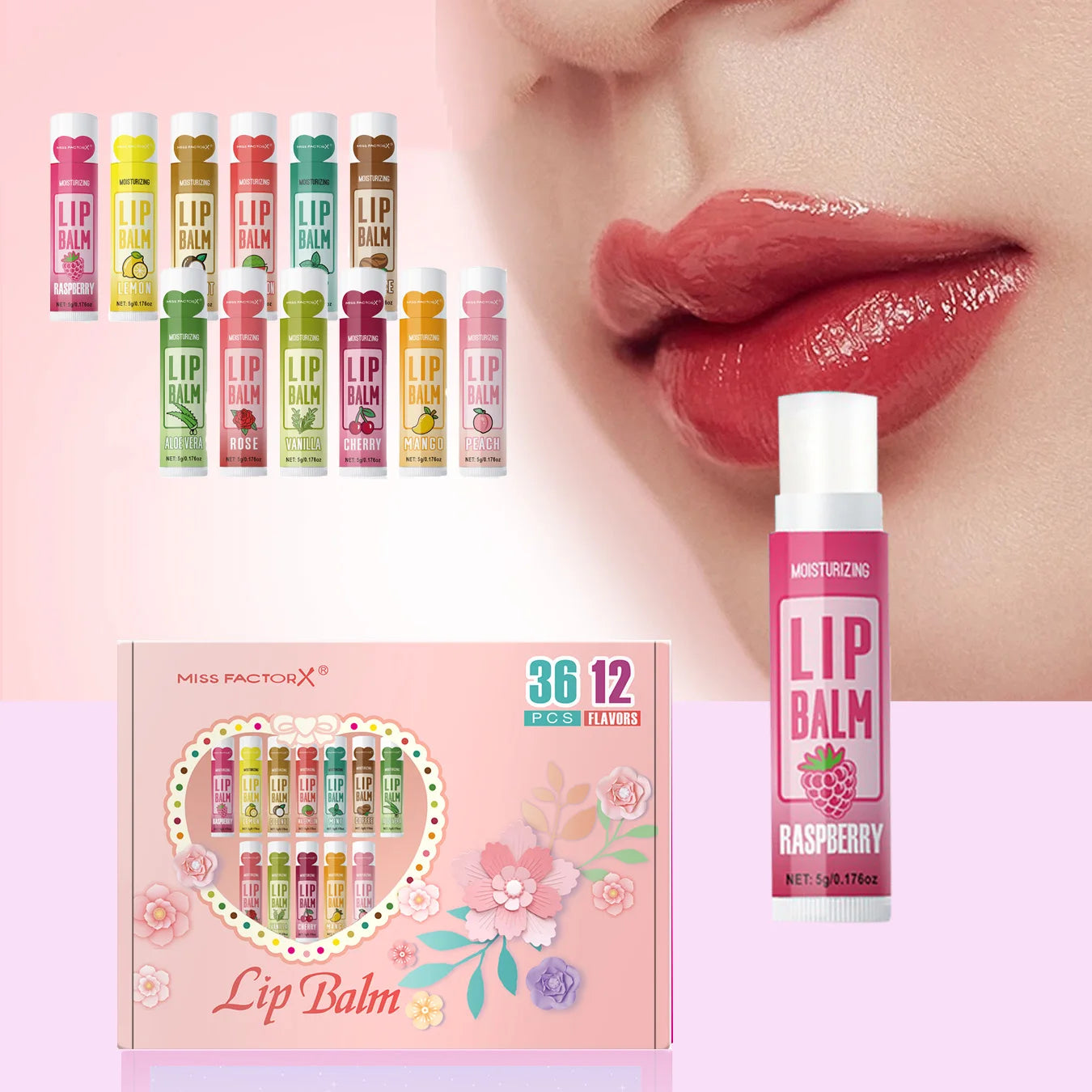 Set of 36 units of 5g Moisturizing Lip Balm, providing deep hydration and shine for the lips, a great gift for your friends to carry in their bag and think of you.