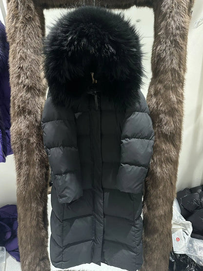 Reality Fur Jacket Winter Natural Raccoon Fur Collar Female Women White Duck Down Jackets Over The Knees Warm Long Parkas Hooded