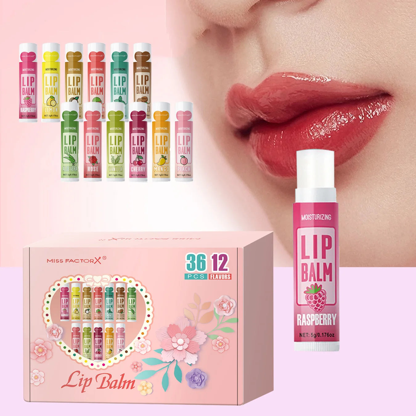 Set of 36 units of 5g Moisturizing Lip Balm, providing deep hydration and shine for the lips, a great gift for your friends to carry in their bag and think of you.