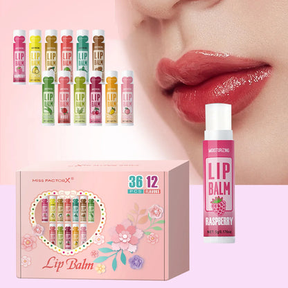 Set of 36 units of 5g Moisturizing Lip Balm, providing deep hydration and shine for the lips, a great gift for your friends to carry in their bag and think of you.