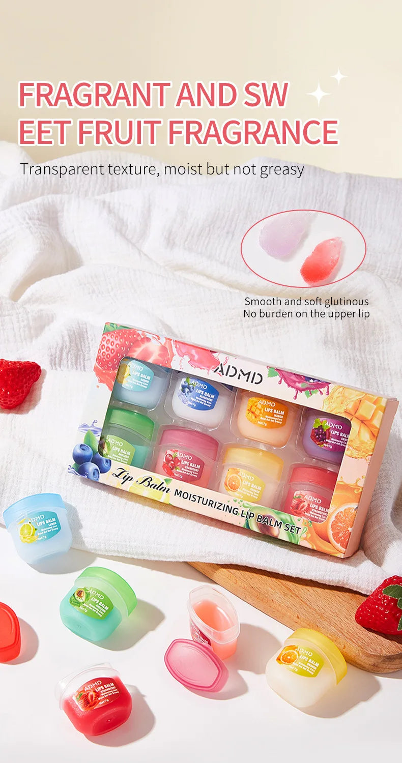 ADMD™ – Fruit Kiss Collection: 8-Piece Moisturising Lip Balm Set (Anti-Cracks)