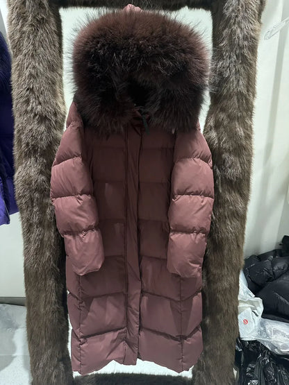 Reality Fur Jacket Winter Natural Raccoon Fur Collar Female Women White Duck Down Jackets Over The Knees Warm Long Parkas Hooded