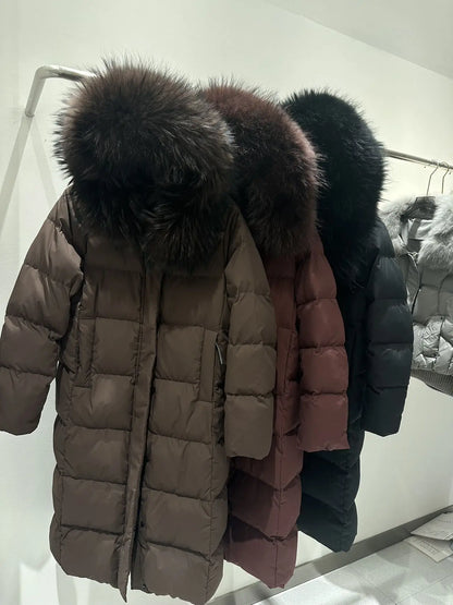 Reality Fur Jacket Winter Natural Raccoon Fur Collar Female Women White Duck Down Jackets Over The Knees Warm Long Parkas Hooded