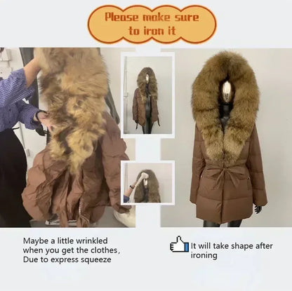 Reality Fur Jacket Winter Natural Raccoon Fur Collar Female Women White Duck Down Jackets Over The Knees Warm Long Parkas Hooded