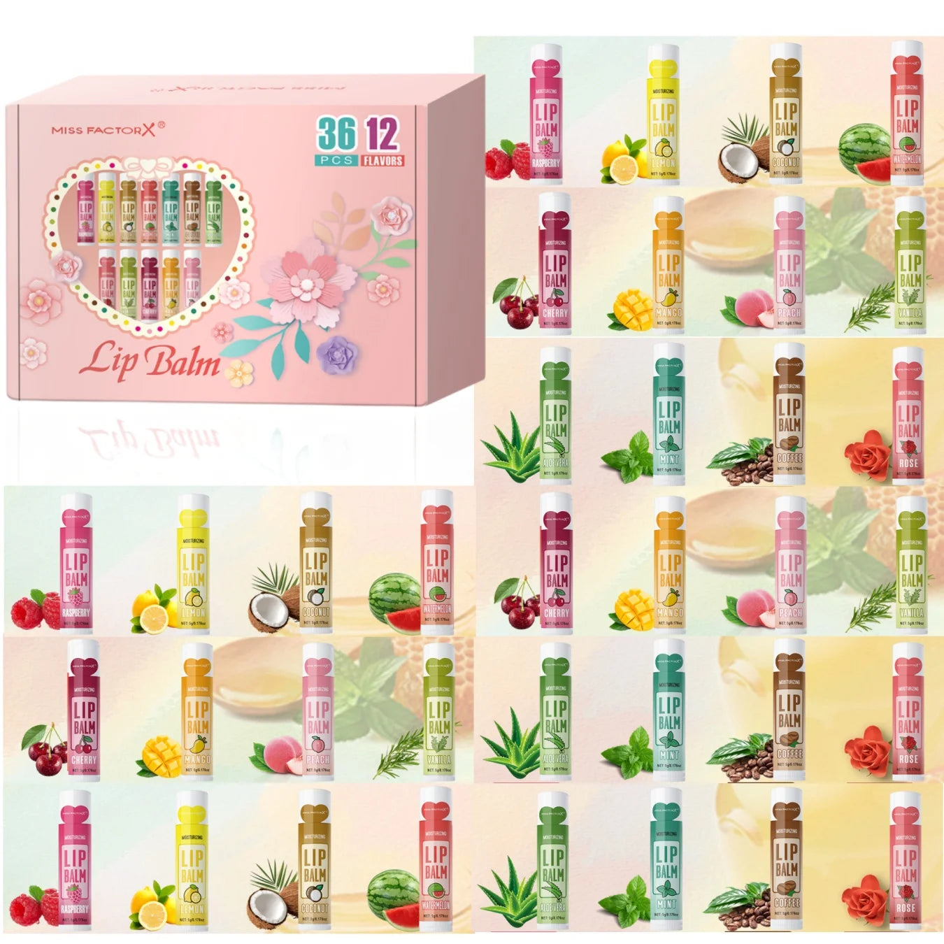 Set of 36 units of 5g Moisturizing Lip Balm, providing deep hydration and shine for the lips, a great gift for your friends to carry in their bag and think of you.