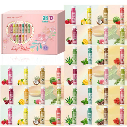 Set of 36 units of 5g Moisturizing Lip Balm, providing deep hydration and shine for the lips, a great gift for your friends to carry in their bag and think of you.
