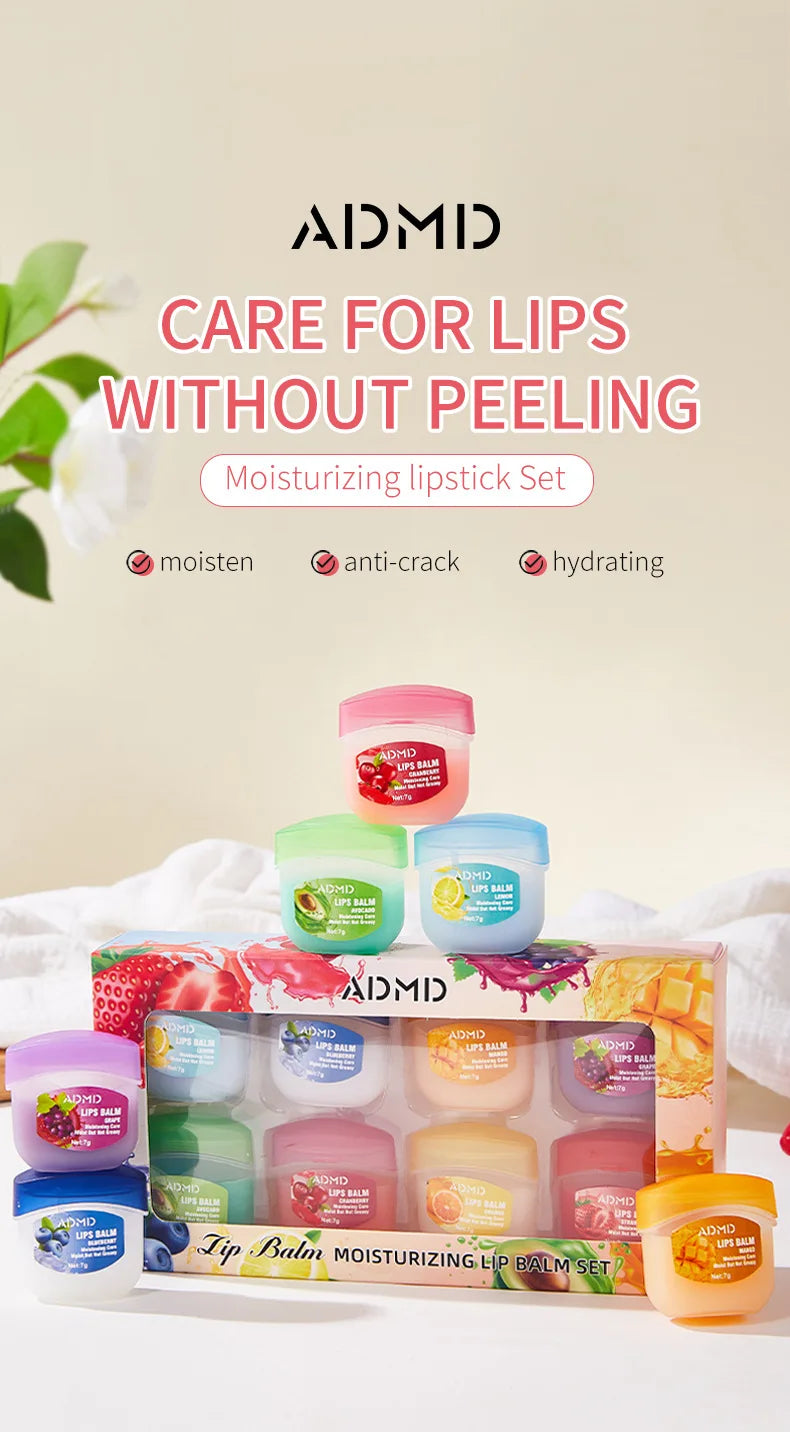 ADMD™ – Fruit Kiss Collection: 8-Piece Moisturising Lip Balm Set (Anti-Cracks)