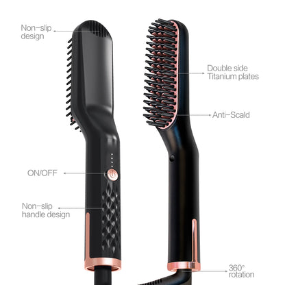 GroomEase™ Ionic Straightener: Hot Comb Straightener Heating Comb For Men Beard Electric Negative Ion Hair Straightening Brush Wet Dry Use Quick Hair Styler