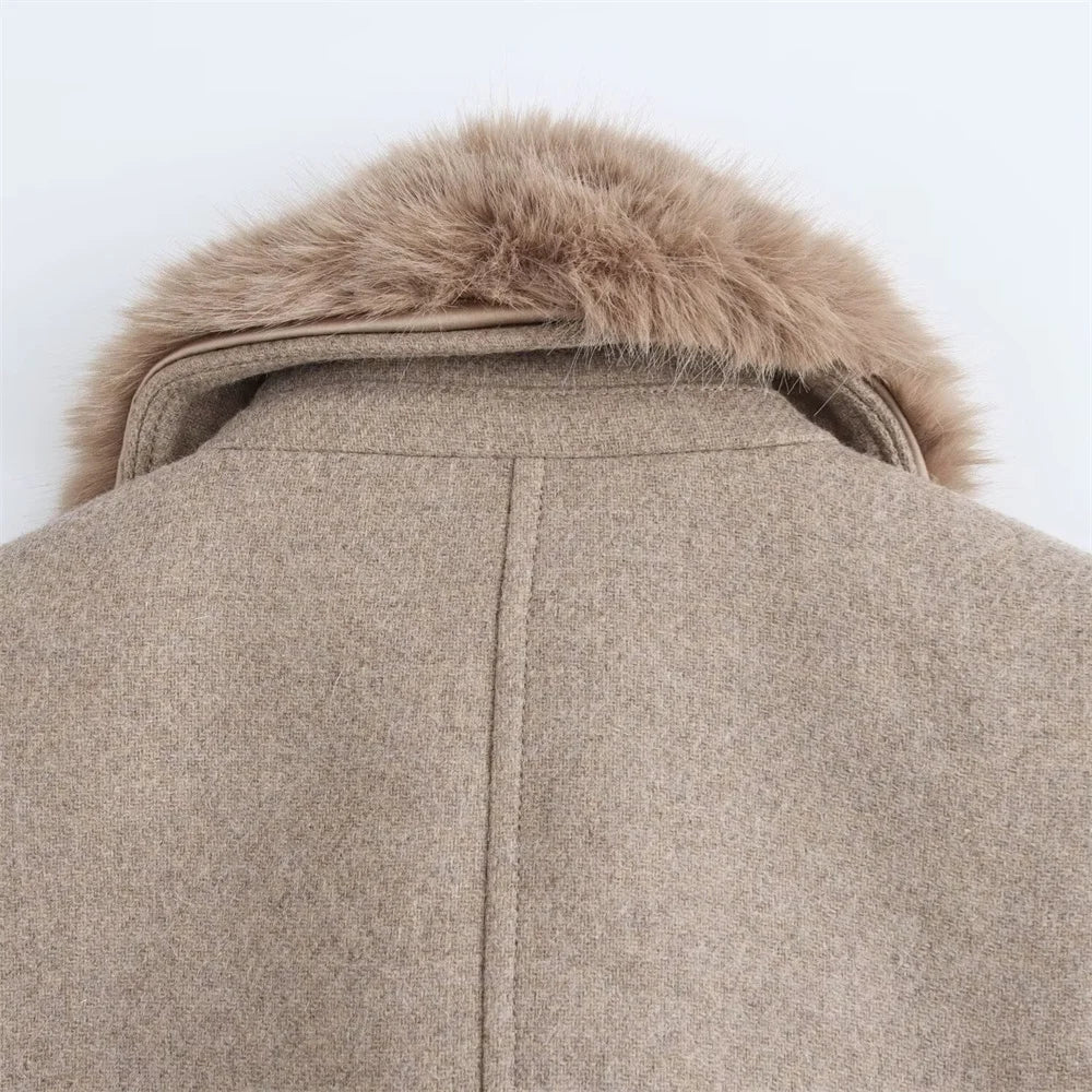Women's Belt Warm Fur Collar Coat Flip Collar Pocket Button Decoration Autumn/Winter New Women's Wear