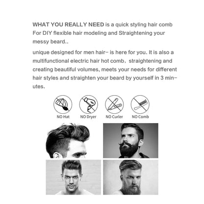 GroomEase™ Ionic Straightener: Hot Comb Straightener Heating Comb For Men Beard Electric Negative Ion Hair Straightening Brush Wet Dry Use Quick Hair Styler
