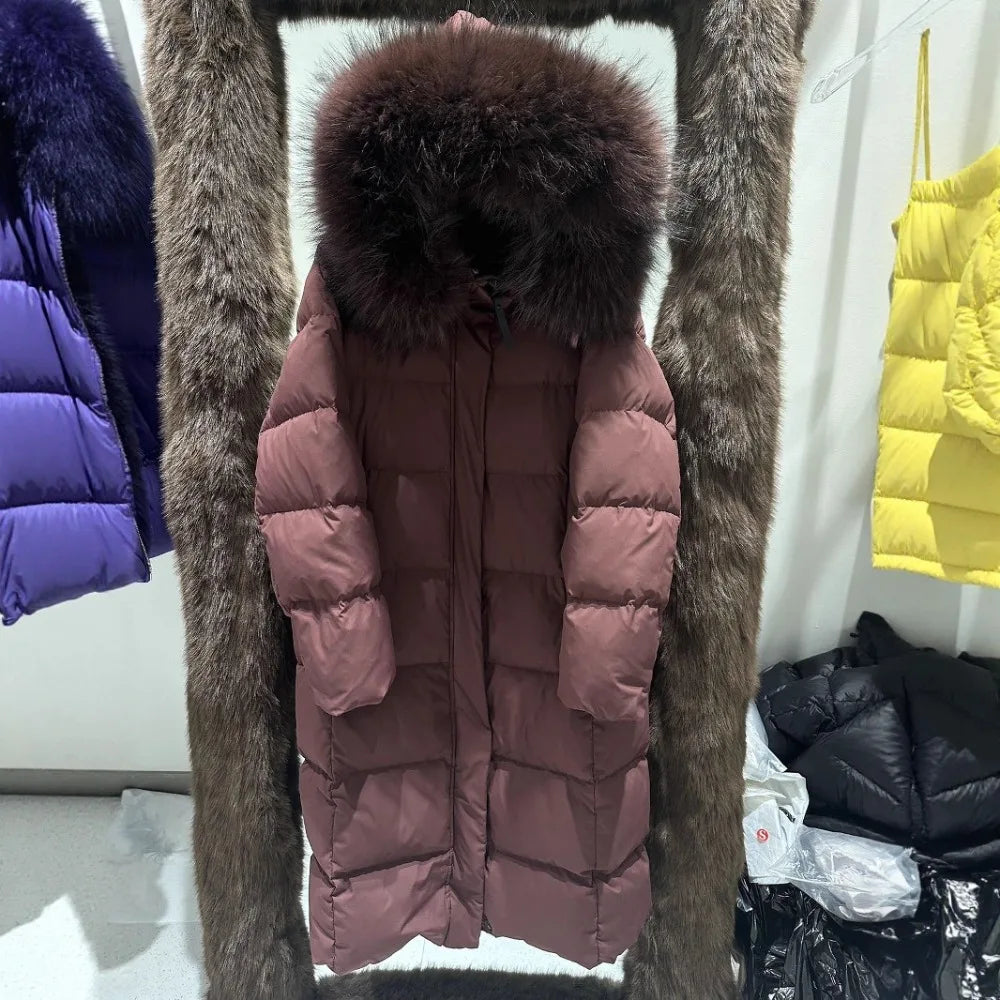 Reality Fur Jacket Winter Natural Raccoon Fur Collar Female Women White Duck Down Jackets Over The Knees Warm Long Parkas Hooded