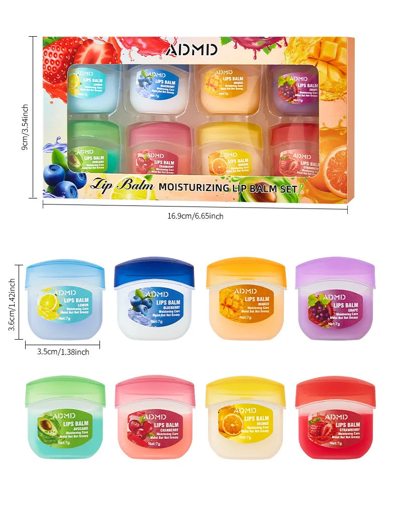 ADMD™ – Fruit Kiss Collection: 8-Piece Moisturising Lip Balm Set (Anti-Cracks)