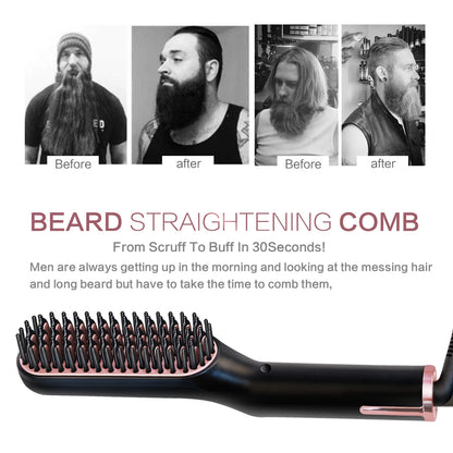 GroomEase™ Ionic Straightener: Hot Comb Straightener Heating Comb For Men Beard Electric Negative Ion Hair Straightening Brush Wet Dry Use Quick Hair Styler