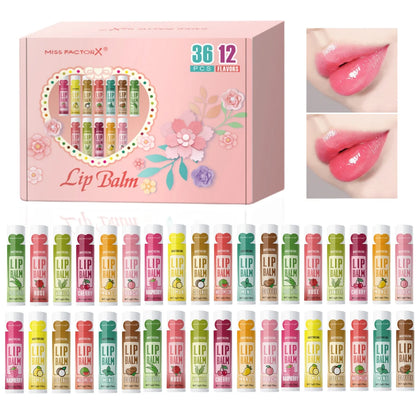 Set of 36 units of 5g Moisturizing Lip Balm, providing deep hydration and shine for the lips, a great gift for your friends to carry in their bag and think of you.