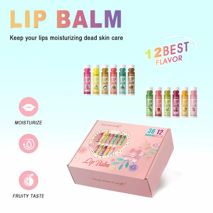 Set of 36 units of 5g Moisturizing Lip Balm, providing deep hydration and shine for the lips, a great gift for your friends to carry in their bag and think of you.