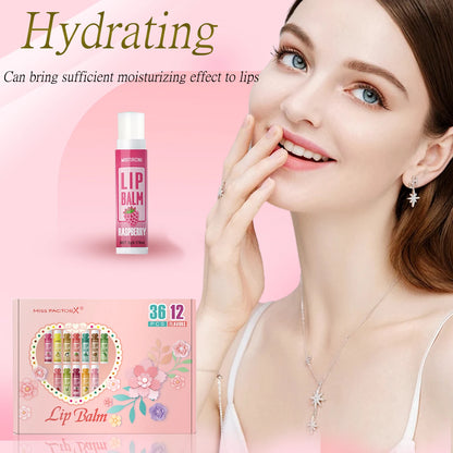 Set of 36 units of 5g Moisturizing Lip Balm, providing deep hydration and shine for the lips, a great gift for your friends to carry in their bag and think of you.