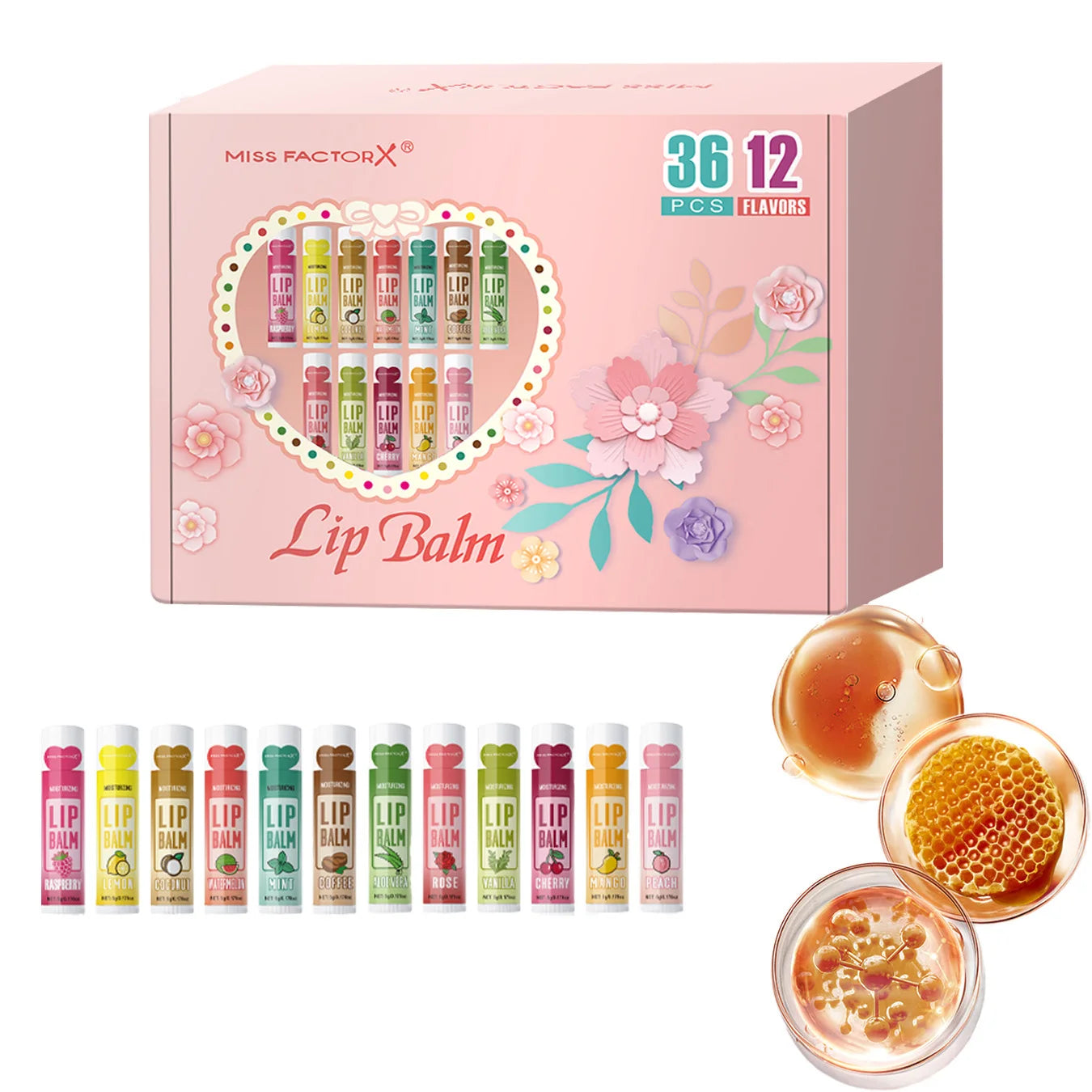 Set of 36 units of 5g Moisturizing Lip Balm, providing deep hydration and shine for the lips, a great gift for your friends to carry in their bag and think of you.