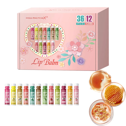 Set of 36 units of 5g Moisturizing Lip Balm, providing deep hydration and shine for the lips, a great gift for your friends to carry in their bag and think of you.