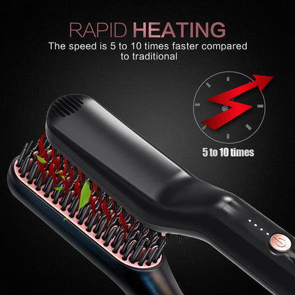 GroomEase™ Ionic Straightener: Hot Comb Straightener Heating Comb For Men Beard Electric Negative Ion Hair Straightening Brush Wet Dry Use Quick Hair Styler