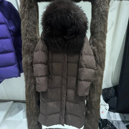 Reality Fur Jacket Winter Natural Raccoon Fur Collar Female Women White Duck Down Jackets Over The Knees Warm Long Parkas Hooded