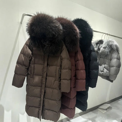 Reality Fur Jacket Winter Natural Raccoon Fur Collar Female Women White Duck Down Jackets Over The Knees Warm Long Parkas Hooded