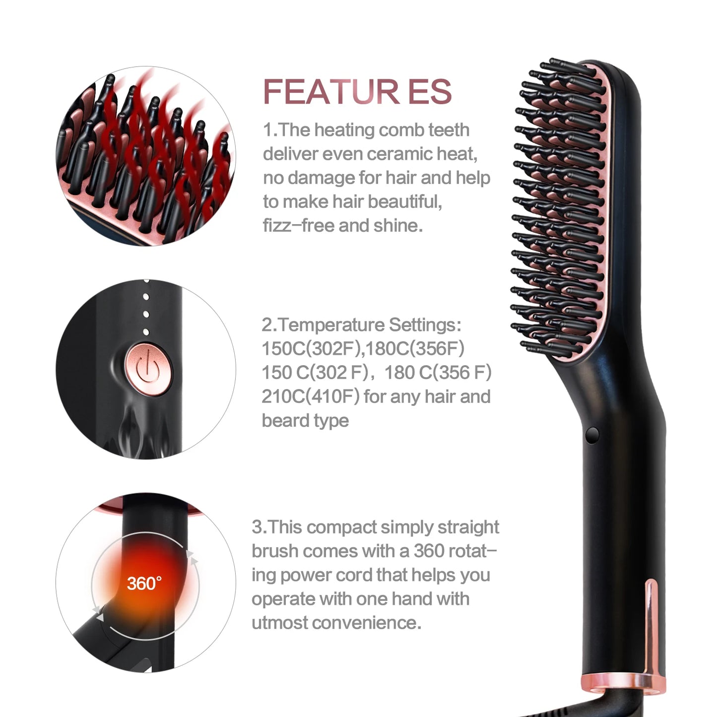 GroomEase™ Ionic Straightener: Hot Comb Straightener Heating Comb For Men Beard Electric Negative Ion Hair Straightening Brush Wet Dry Use Quick Hair Styler