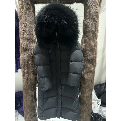Reality Fur Jacket Winter Natural Raccoon Fur Collar Female Women White Duck Down Jackets Over The Knees Warm Long Parkas Hooded
