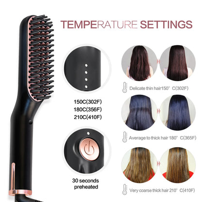 GroomEase™ Ionic Straightener: Hot Comb Straightener Heating Comb For Men Beard Electric Negative Ion Hair Straightening Brush Wet Dry Use Quick Hair Styler